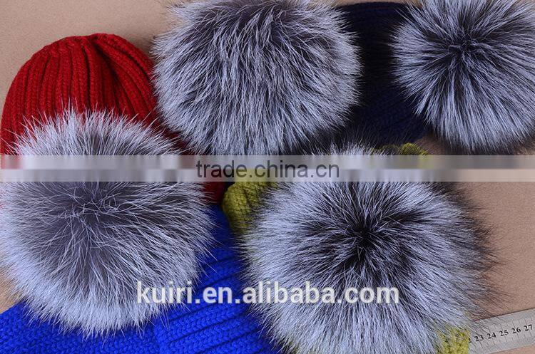 knitted hat with snap silver fox fur ball on top