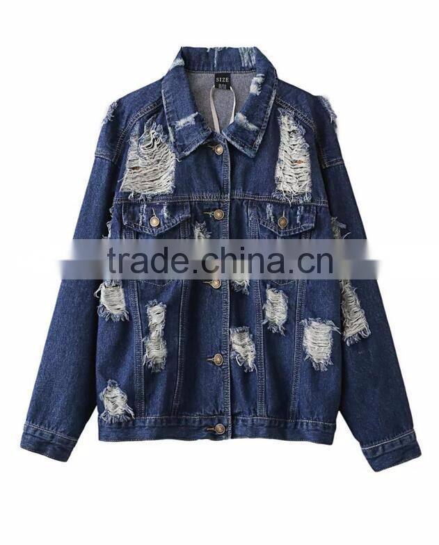 Runwaylover EY1070C 2017 Women Spring Autumn Hole Fashion Washed Denim Jackets