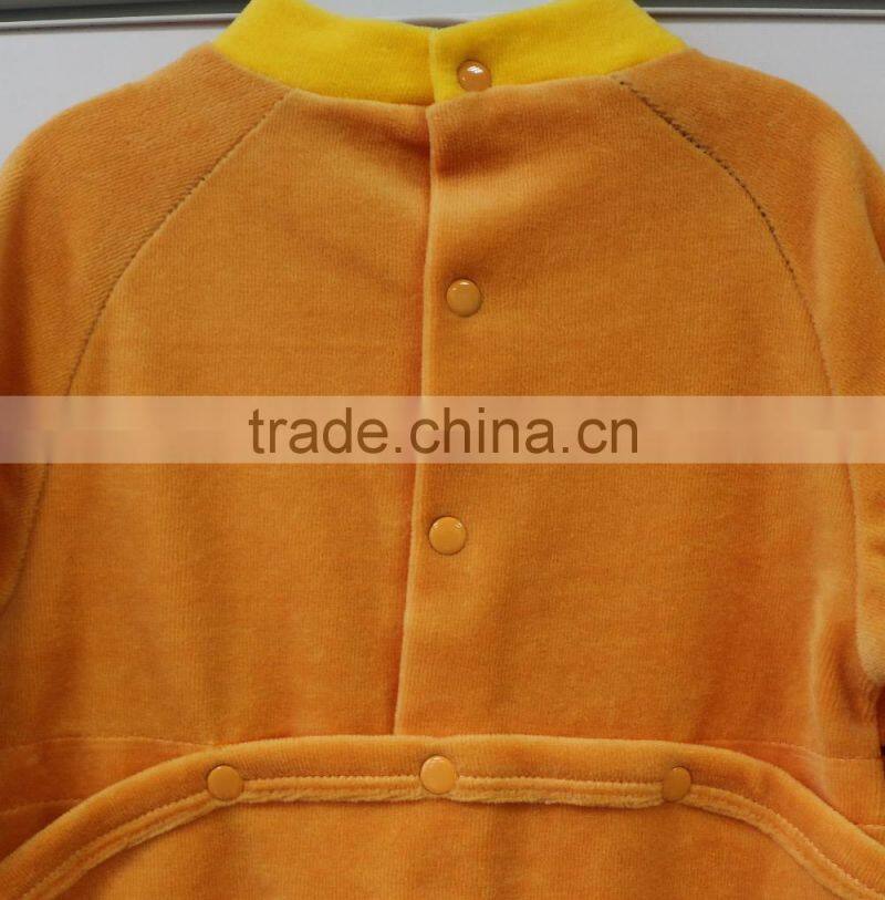 Fall and winter season velour baby footie romper with animal patch and embroidery