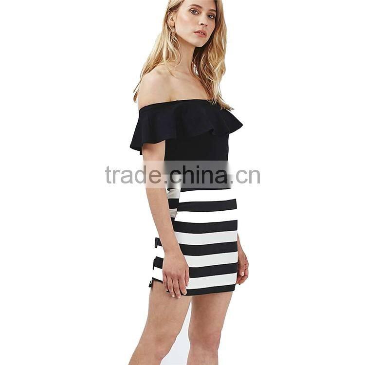 2017 OEM Spring Black and White Stripe High Weist Cotton Skirts