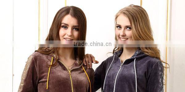 Warm winter velvet design couple pyjamas with zipper-up hoody classic family women pyjamas