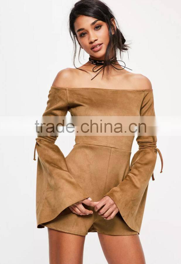 2017 new brown faux suede flare tie sleeve women wholesale playsuit