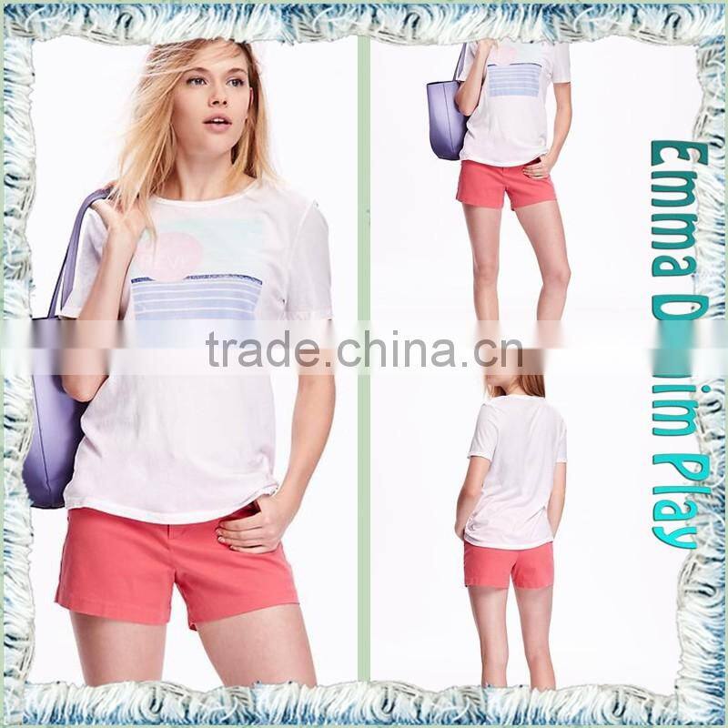 2016 Manufacturers China Ladies Sexy White Silk Printed Scoop Neck Cotton Tee Shirts