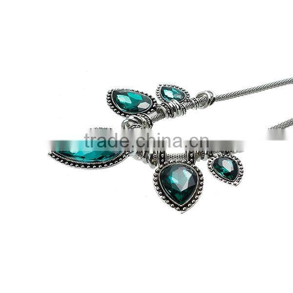 New Fashion Lantern Chain Antique Silver Drop Pendant Malachite Green Rhinestone Handmade Statement Necklace