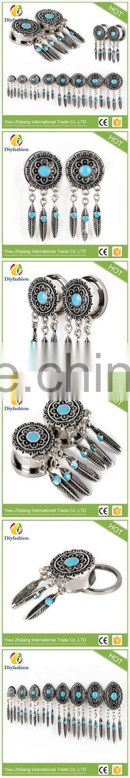 Bohemia retro feathers long tassel Stainless steel ear plug