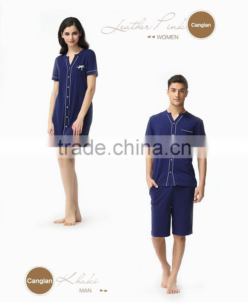 Logo printed Qianxiu Men Women Red Navy Blue Placket Short Sleeved Sexy Nighty for Honeymoon