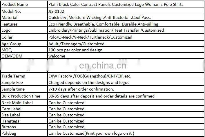 Plain Black Color Contrast Panels Customized Logo Woman's Polo Shirts