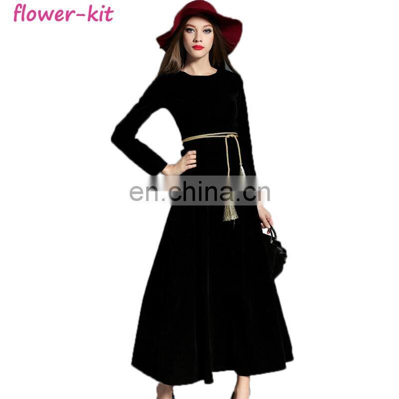 Retro Vintage Dark Blue Velvet Dress Women Long Sleeve Collar Dresses