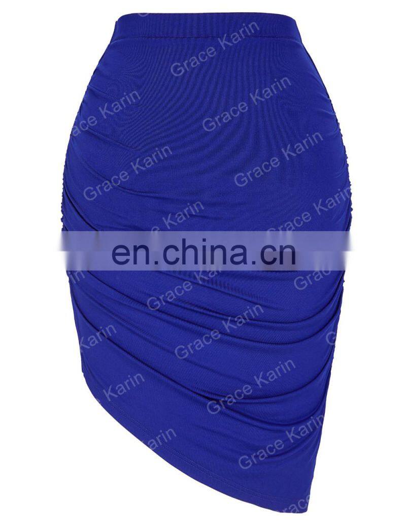 Grace Karin Occident Women's Solid blue Color High Stretchy Pleated Pencil Skirt CL008930-1