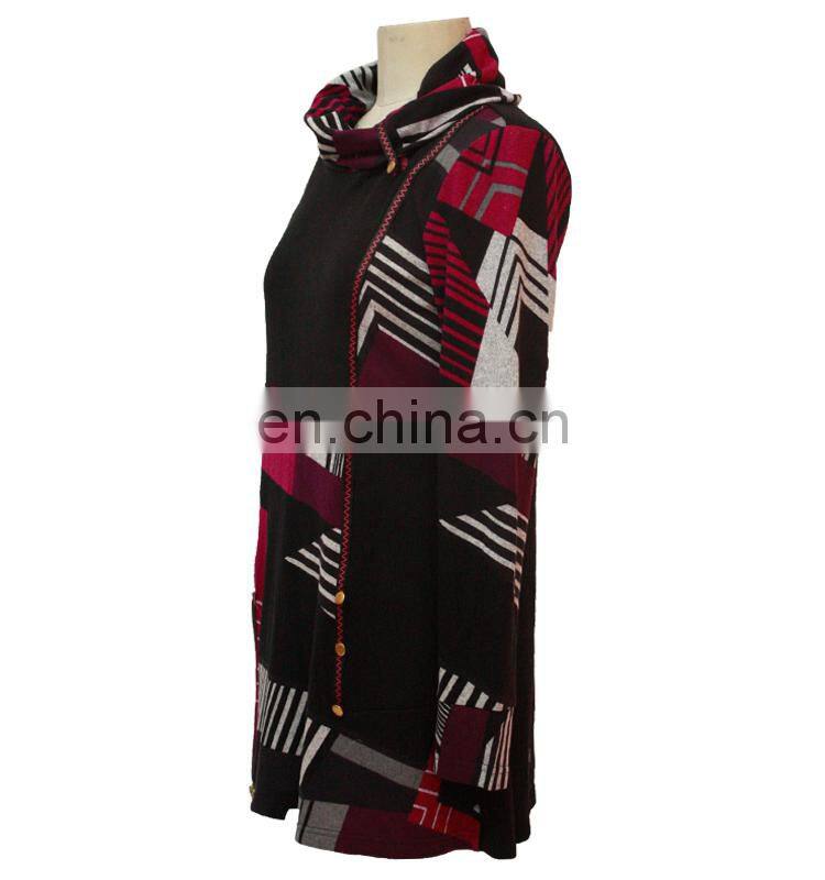 Latest Fashion Blouse Design High Neck Geometric Printed Patchwork Tunic Top
