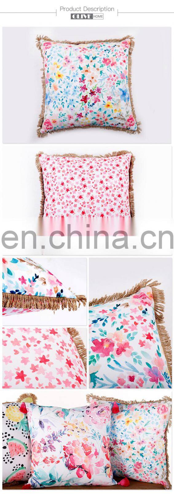 Home Decor Colorful Flower Printed Outdoor Pillow Cushion With Tassels Trimmings
