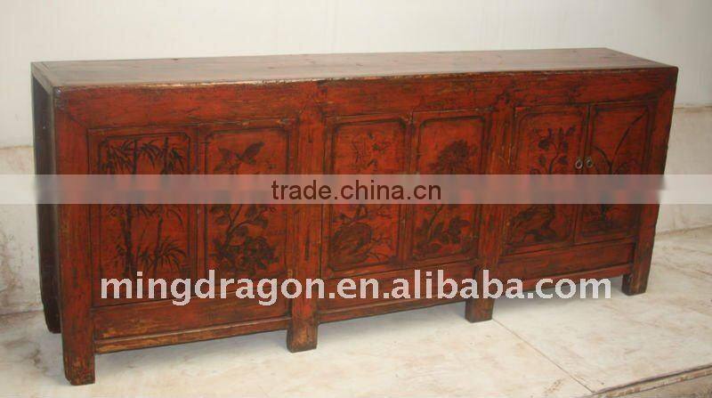 Antique Chinese Old Beautiful Painted Long Cabinet