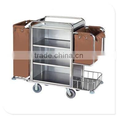 stainless steel like wood brown color hotel guest room service cart high quality cleaning trolley sign bag