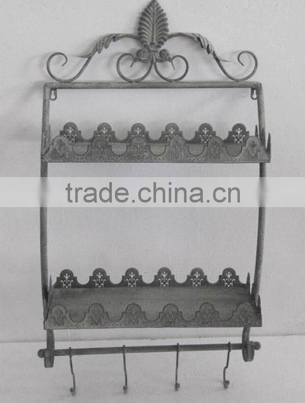 Antique gray decorative iron 2-tier shelf with hooks