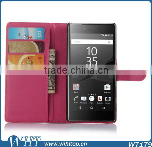 New Arrival Litchi Leather Wallet Flip Stand Pouch Cover Case for Sony Xperia Z5
