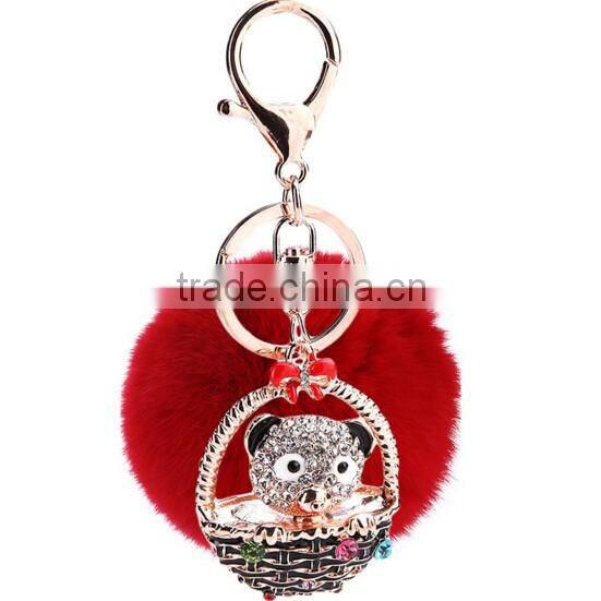 Rabbit Fur Big Ball Plush Car Key Ring keychain With rhinestone Bear