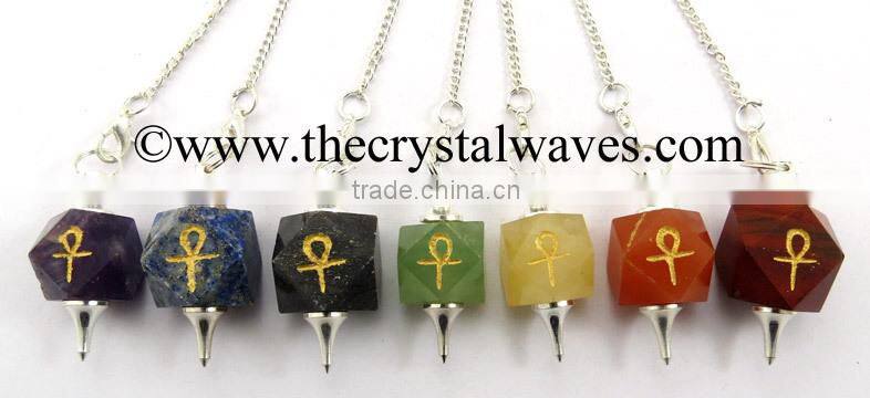 Rose Quartz Om Engraved Hexagonal Pendulum With Chakra Chips Chain