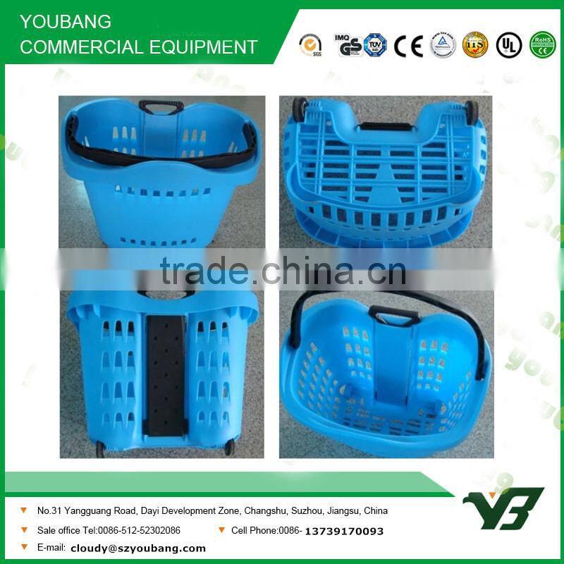 Hot sell good cheap 42 Liter HDPP double handle rolling supermarket plastic basket trolley with castor (YB-W020)