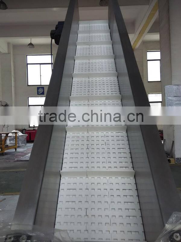 Incline belt conveyor with hopper and discharge chute