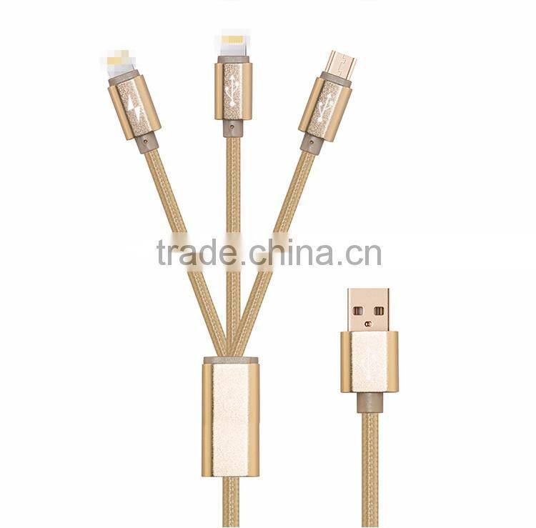 Highend 3 in 1 Mobile Phone cable 100cm micro usb Aluminum Alloy for Android& Iphone 5 cables Nylon Weave charging USB Line