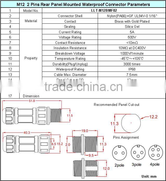M12 2 pole rear panel mounted waterproof connector