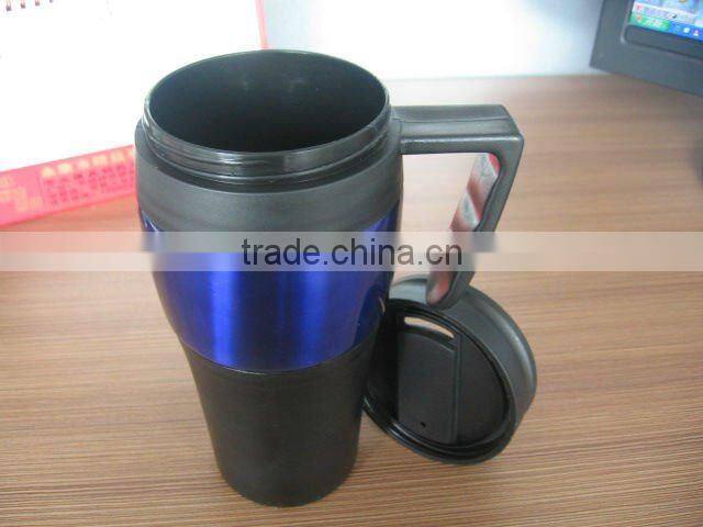 Insulated travel mug with stainless steel ring in middle