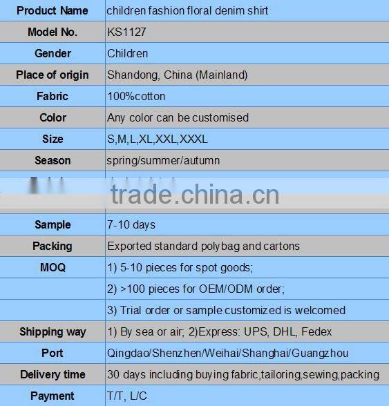 2015 fashion 100%cotton high quality ptined denim girl shirt