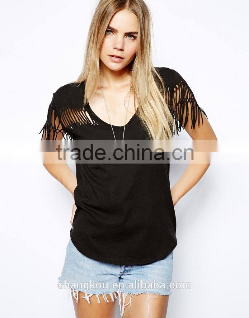 100% Pure cotton cut out and fringed designer t shirt woman 2016