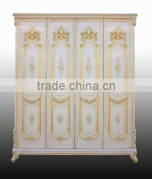 Elegant Design European Style Four Doors Wardrobe, Gold Trim Hand Painting Bedroom Furniture