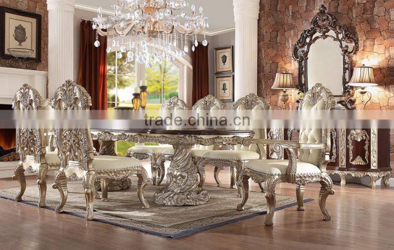 Bisini Baroque Complete Hand Caved Palace Dining Room Rectangle Table, Elegant Wooden And Leather Dining Chair(MOQ=1 SET)