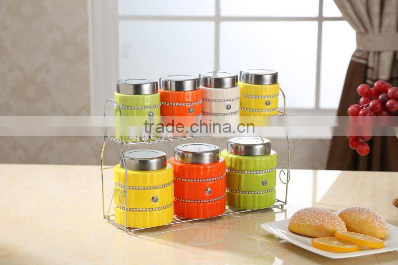 kitchenware useful ceramic canister set with stainless metal stand