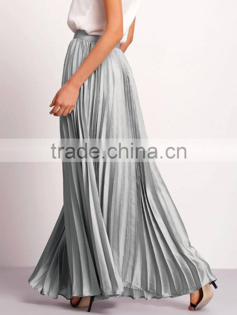 Silver Zipper Side Pleated Flare Maxi Skirt Fashionable Designs High Waist Pleated Skirt