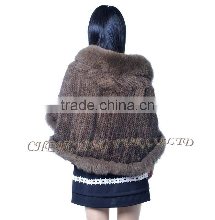 CX-B-M-99A In-stock Item Wholesale Knitted Genuine Fox Fur Trim Mink Fur Shawl Coat
