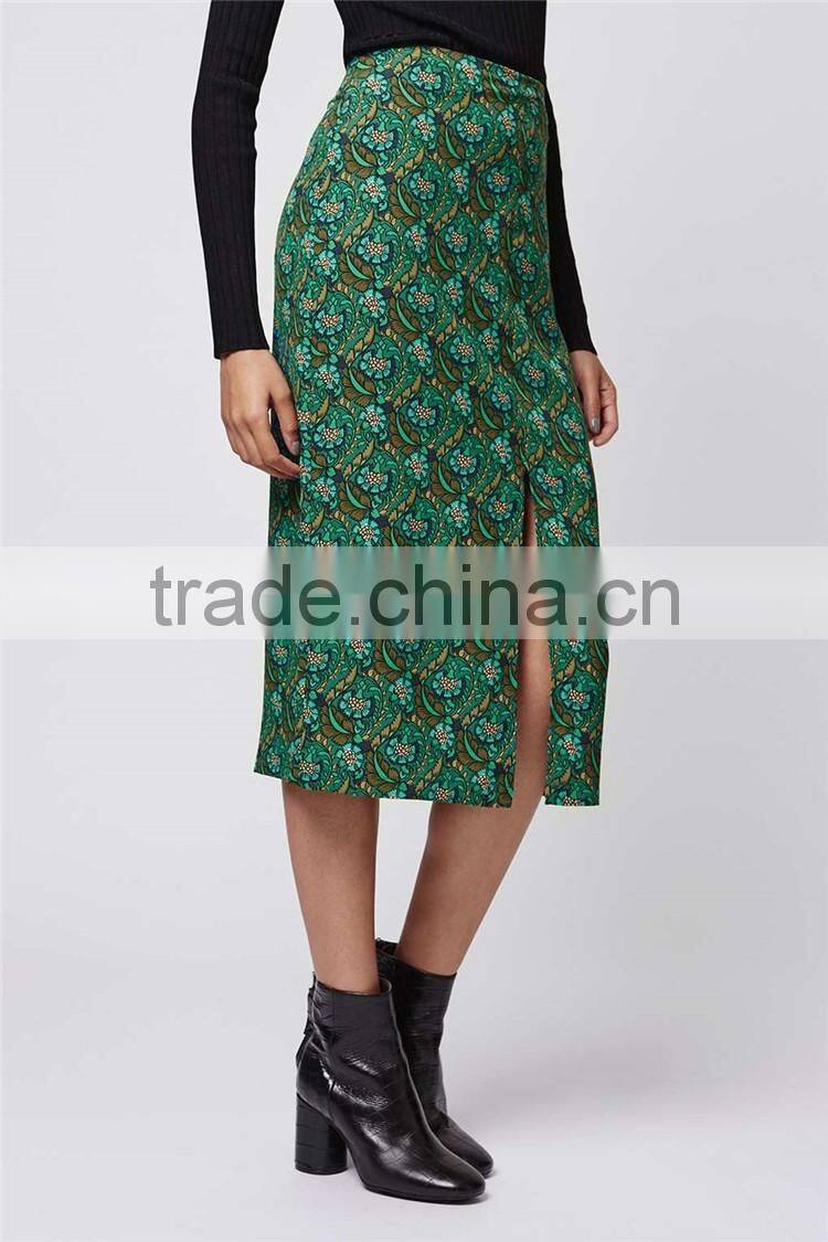 New Arrival Customized 95% Rayon 5% Spandex Floral Split Front Midi Skirts Green Split Floral Skirts