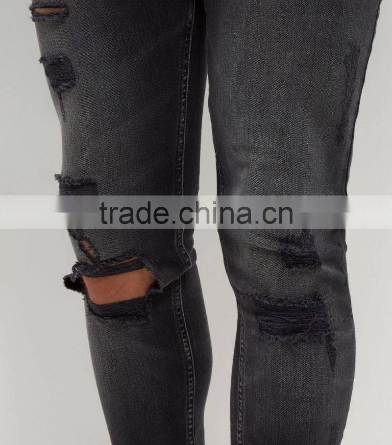cotton blend black washed rip skinny jeans