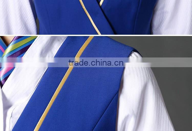 Juqian Custom hot fashion short sleeve Blue Formal Airline Stewardess Uniform for Women Wholesale