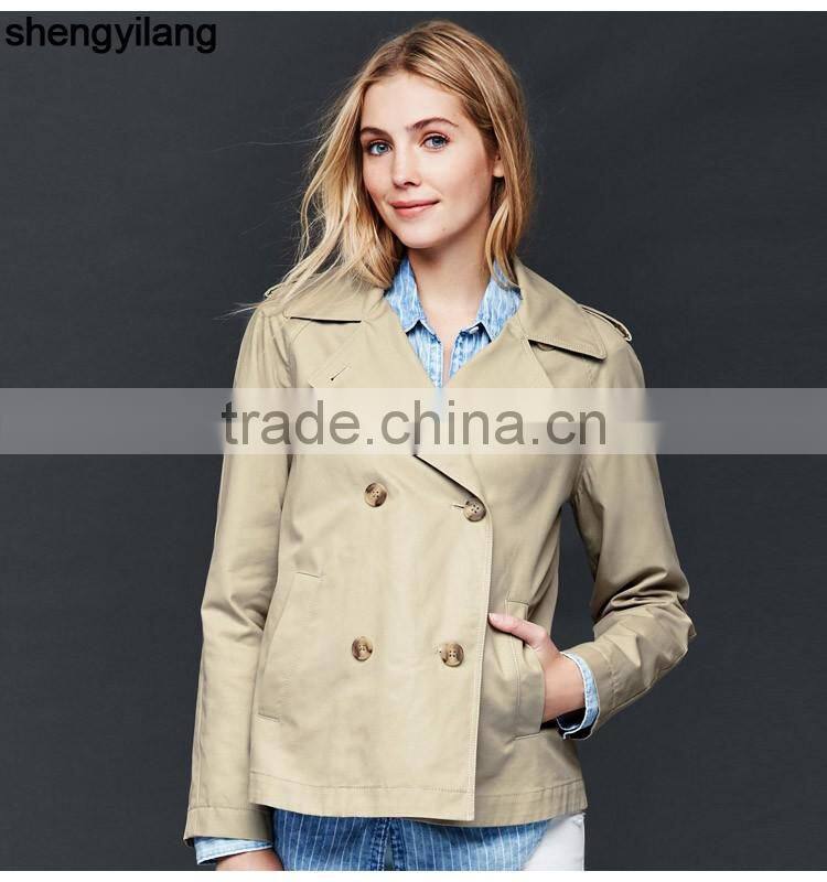 Crisp 100% cotton classic double-breasted short coat custom high quality fashion women windbreaker guangzhou manufacturer