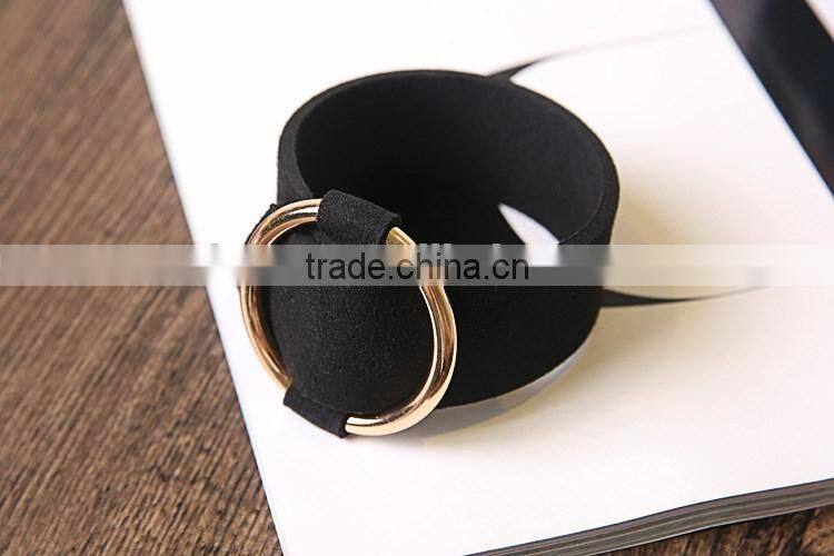 Wide Black Punk Leather Bangle Bracelet with Adjustable Gold/Silver Loop Circle for Lady