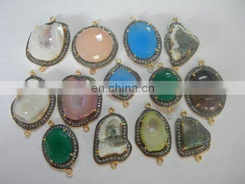 Green Onyx Pave Set in White Topaz, Gold Vermeil Over Sterling Silver, 34x21 mm,1 Piece