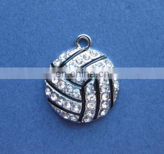 High quality wholesale silver plated 19mm x 22mm white rhinestone 2D volleyball sports pendant