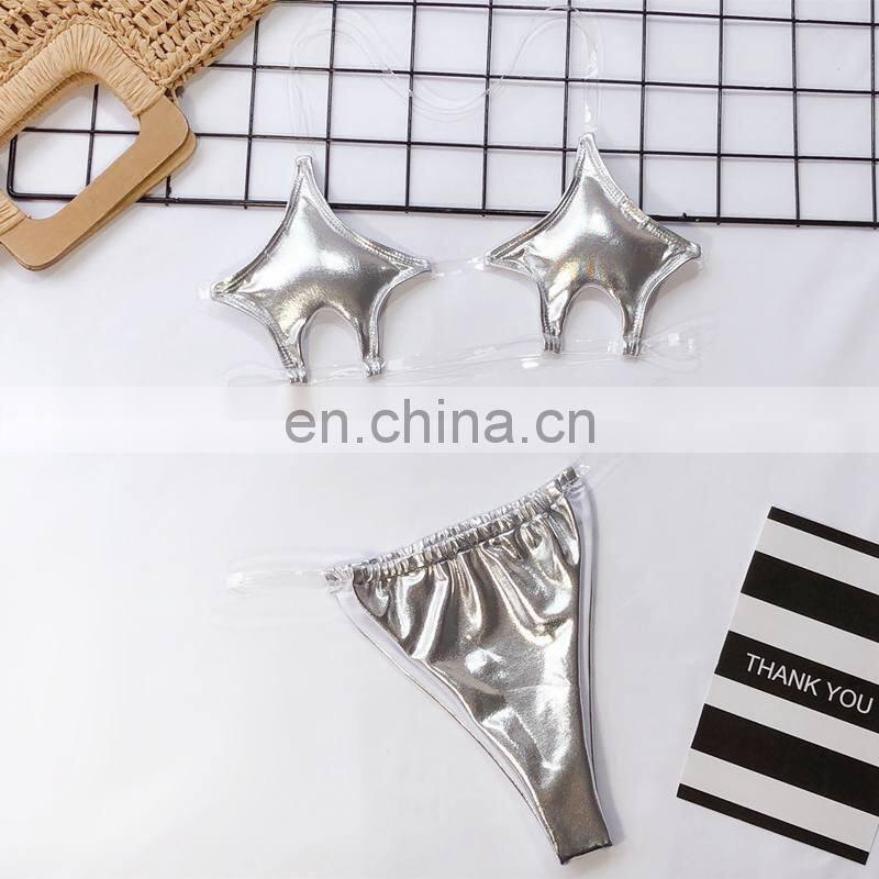 Sexy Brazilian Bikini Pentagram Shaped Transparent Stretch Band micro mini thong Neon Green Swimsuit Bathing Suit Two Piece