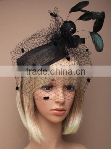 Wholesale Chuch/Races Top Hat,Black Sinamay Base Hat Fascinator With Feather