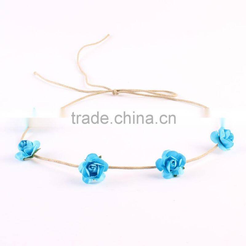Hot-sales baby rose flower Headband girl Leather rope flower hairband Toddler baby rose flower crown Headband wh-1825
