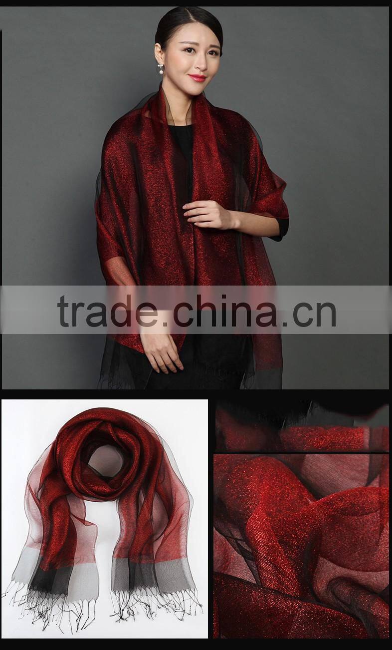 custom design fashionable metal style double-layer organza fabric colorful silk scarf ,silk shawl women made in china wholesale