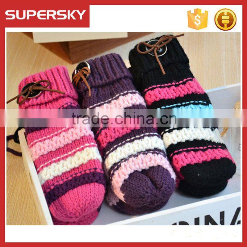 V-394 fashion crochet stripe women winter mittens gloves with button hand warmer mitten gloves knit arm warmer