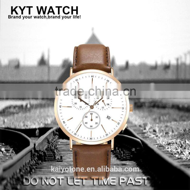 2016 KYT Japan Movt Quartz Watch Stainless Steel back 10atm Water Resistant leather band Chronograph Men Gift WristWatches