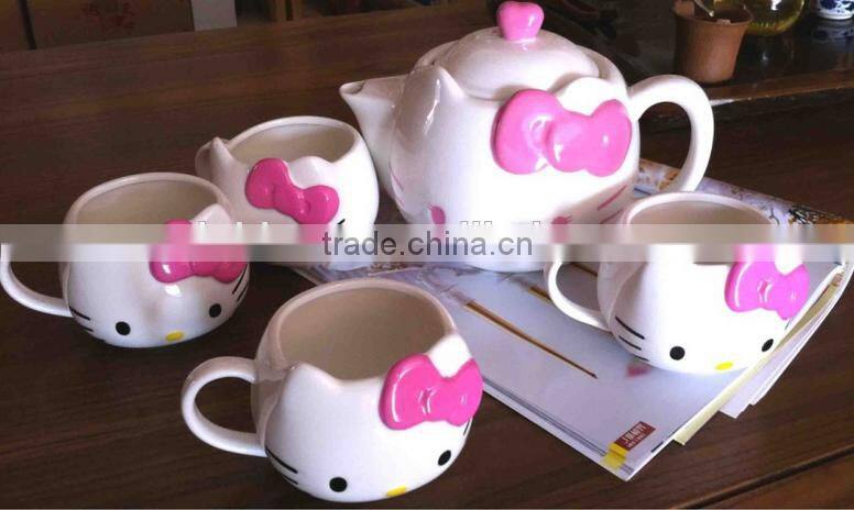 creative lovely cartoon pink red hello kitty cat gift ceramic teapot and mug 5 in 1 set