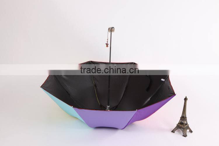3 fold black gel coated colorful lady Parasol Umbrella, pagoda rainbow umbrella