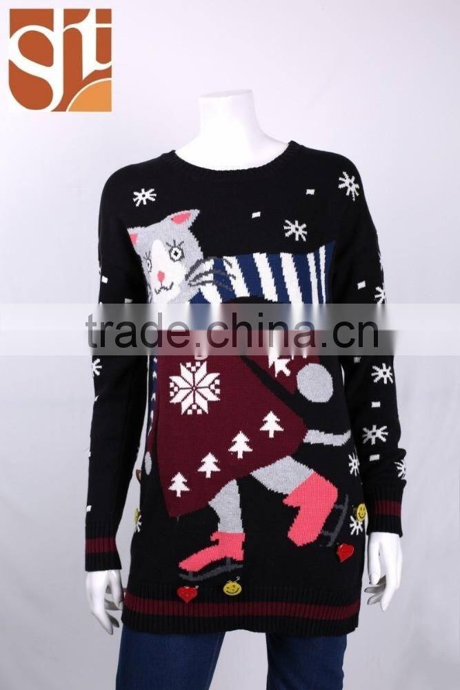 Ladies' new design beautiful round neck long sleeve pullover knitted sweater with jacquard