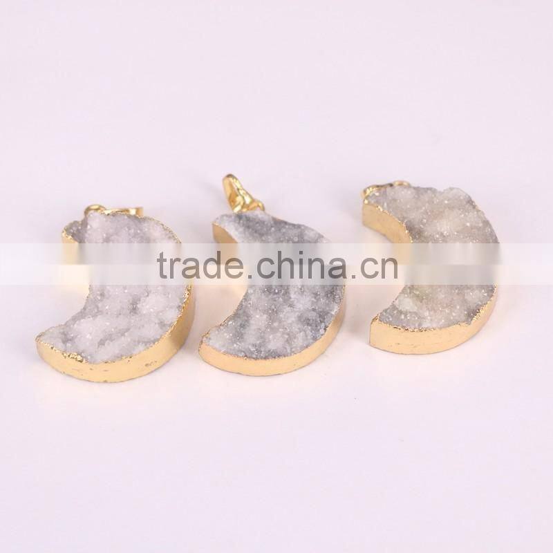 Druzy Quartz Stone Pendant Cressent shape gold plated Jewelry